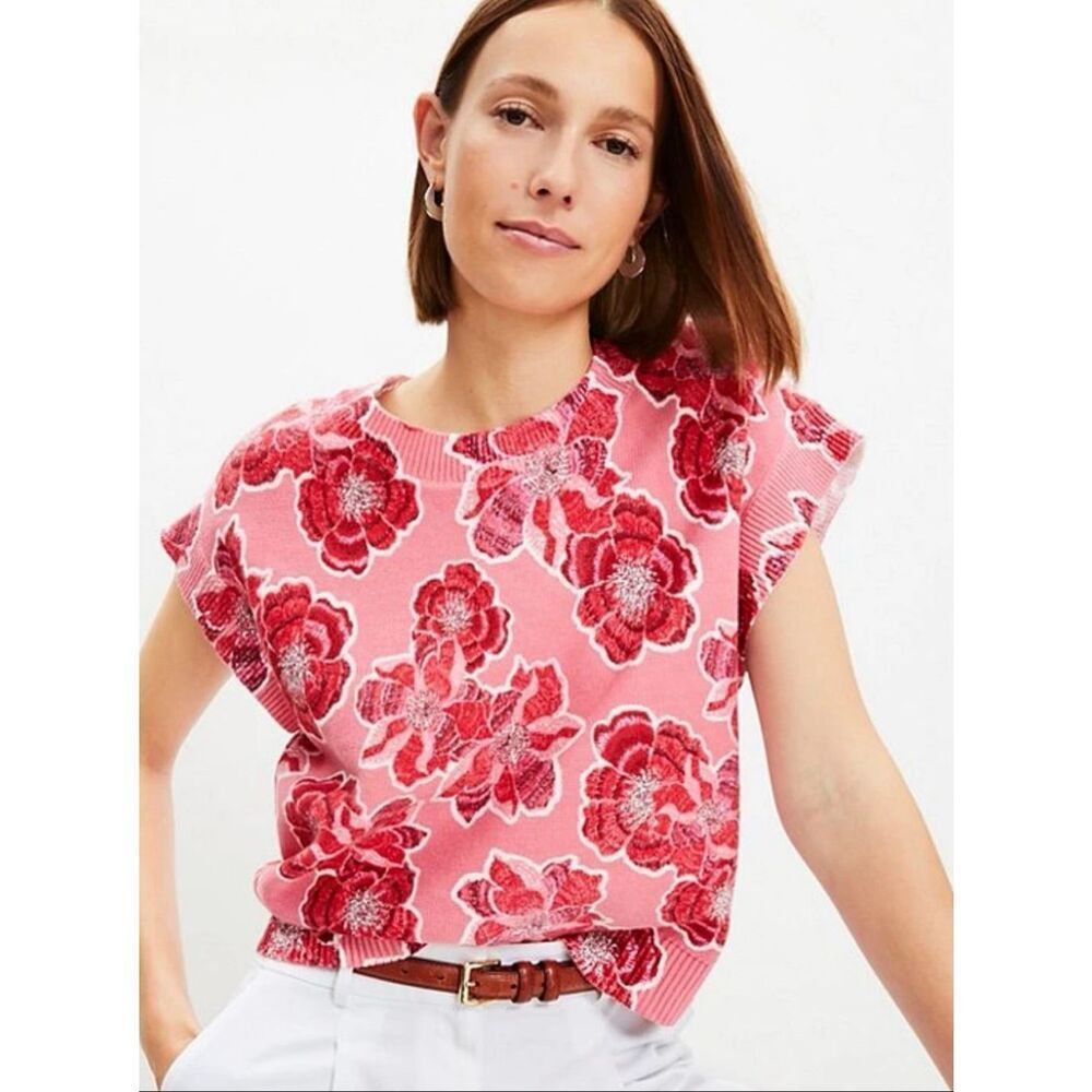 Loft cap sleeve pink floral knit top 100% cotton size medium NWOT